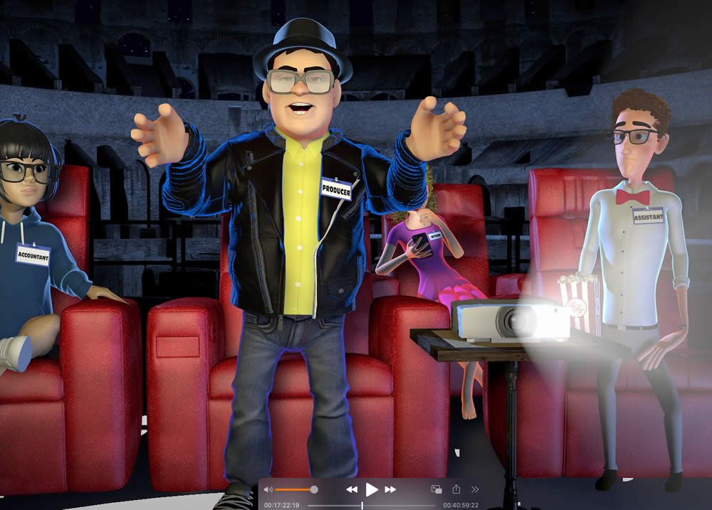 cartoon characters standing in a theater
