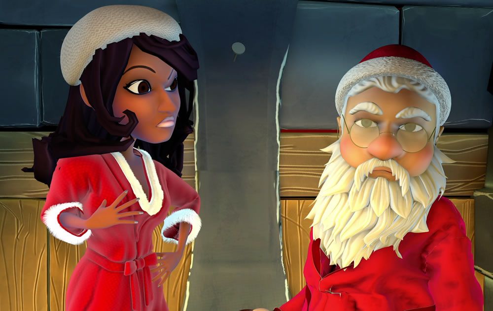 Cartoon image of a black woman wearing a red dress and fur lined hat talking to Santa